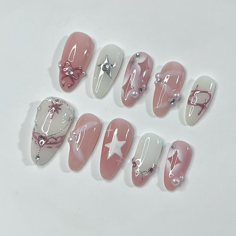 24Pcs Short Almond Nails Set F - Nail Art Glitter ulasan dan harga