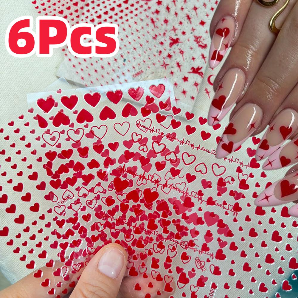 6Pcs/Set Red Love-Heart Valent - Nail Art Valentine ulasan dan harga