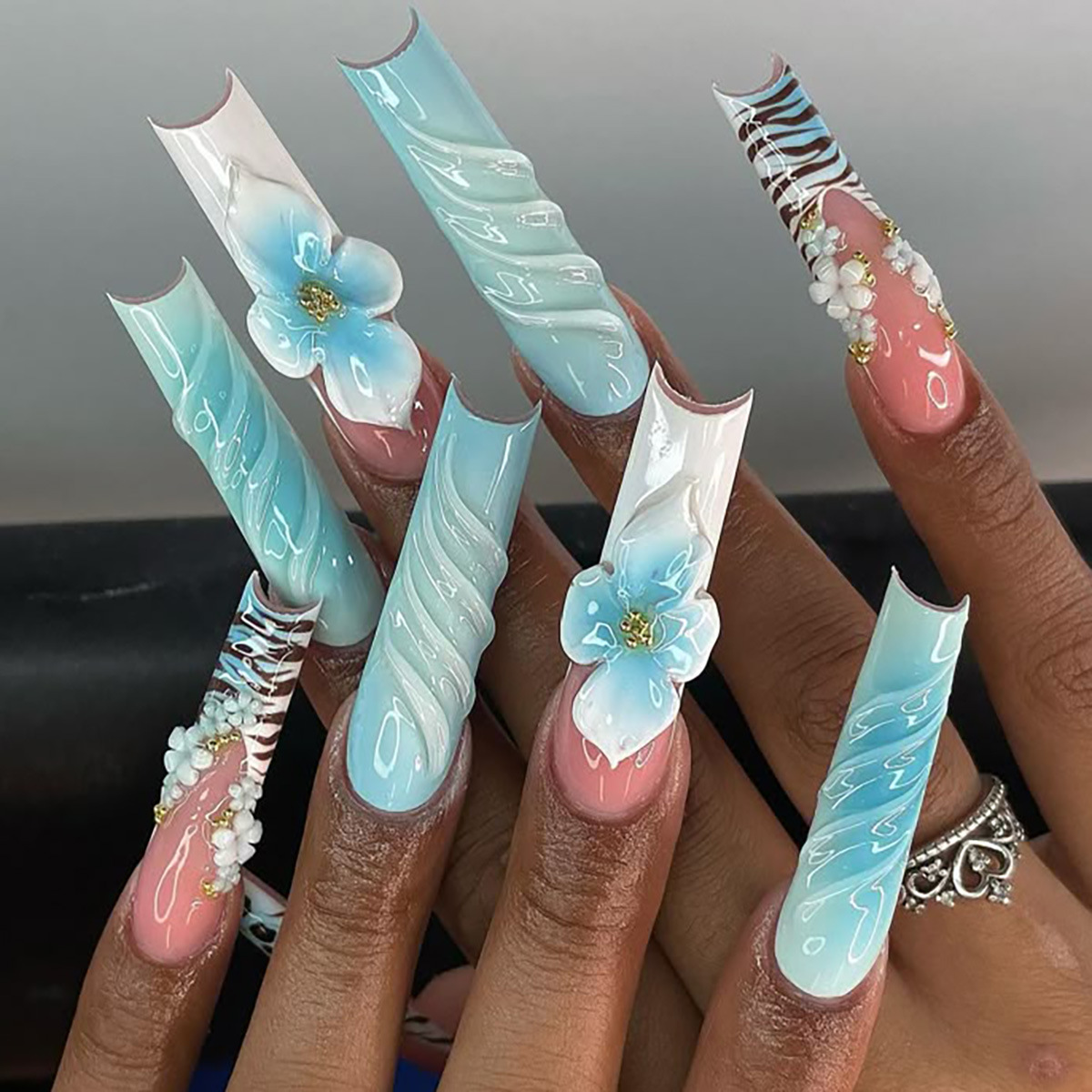 24Pcs Blue Gradient French Sty - Nail Art Zebra ulasan dan harga