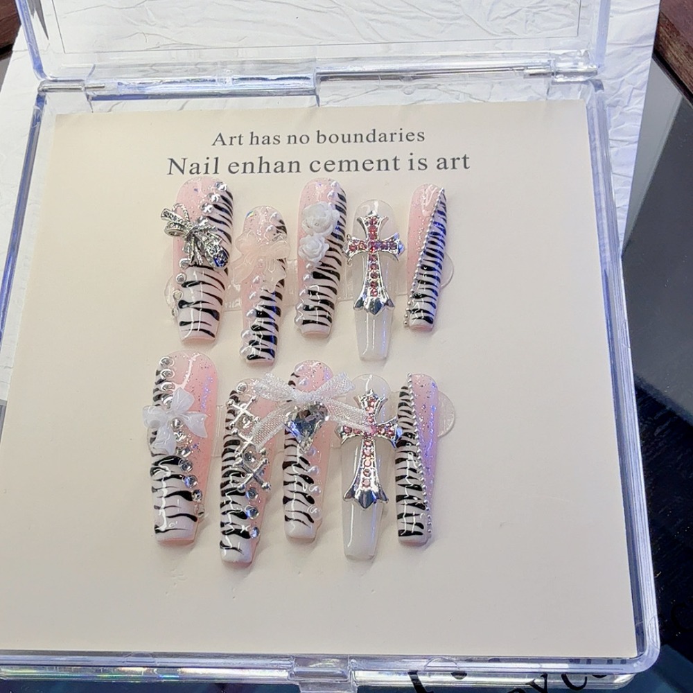 10 Pieces Y2K Pink Zebra Patte - Nail Art Zebra ulasan dan harga